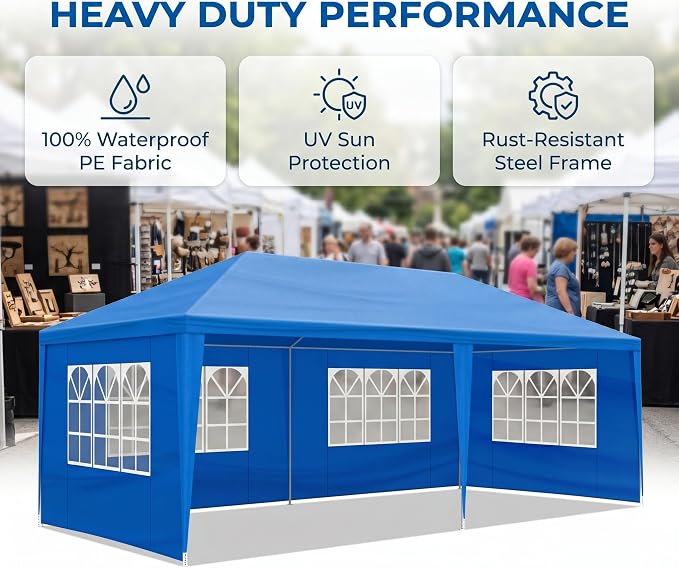 10x20 Canopy Tent for Parties, Heavy Duty Waterproof Outdoor Tent with 6 Detachable Sidewalls & Window Panels, Large Event, Wedding & Backyard Shelter, Commercial & Personal Use, Blue