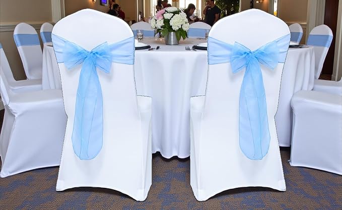 MDS® Pack of 125 Organza Chair Sashes for Wedding Decoration, Reusable Sheer Chair Bows for Banquet Chair Cover, Reception, Bridal Shower, Baby Shower, Birthday Party & Special Events - Baby Blue