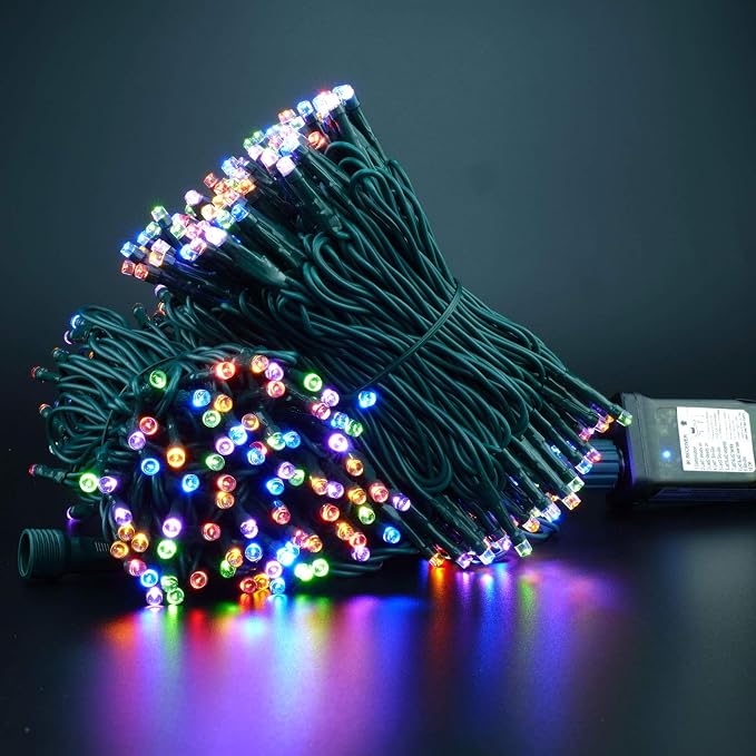 YULETIME 300 Multicolor String Lights, 100 ft 8 Models Green Wire 5mm LED | Wide Angle Bulbs, Safe 29V Adapter, Multimode Lighting, Connectable, 100' Total Length, 1-Strand 300 Lights, 4" Spacing