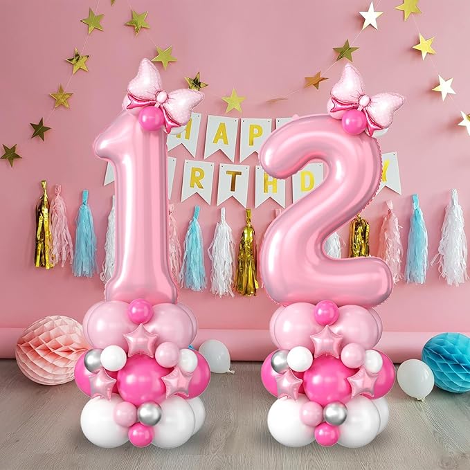Pink Number 12 Balloons 40 Inch Pastel Pink 12th Birthday Party Decorations Baby Hot Pink White Number 21 Foil Balloon Tower with Bows Giant Large Digit Helium Balloon for Girls Women 21st Anniversary
