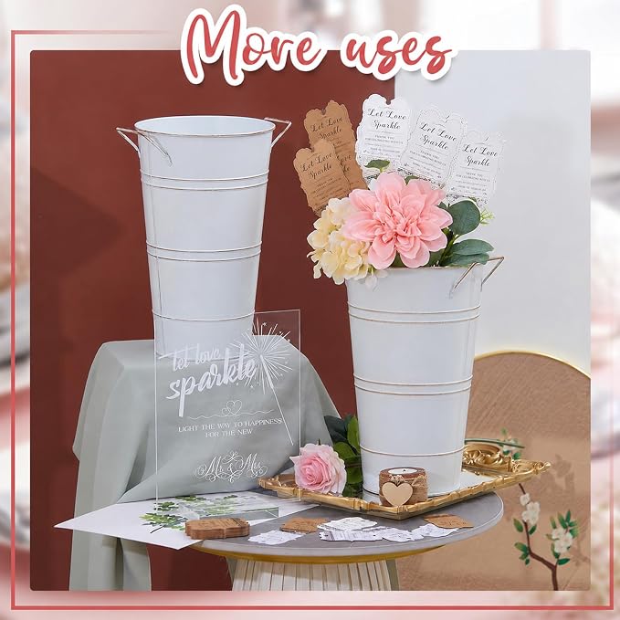 Henoyso 153 Pcs Wedding Send Off Set, 150 Lace Wedding Tags, 2 Pack 12.2 Inch Galvanized Metal Buckets, 1 Acrylic Send Off Sign with Stand for Party Decorations(White)