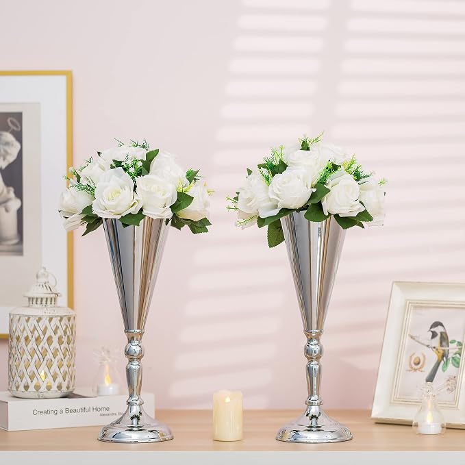 Sliver Vase Centerpiece Table Decorations - 10 Pcs Metal Tabletop Flower Stand, Wedding Decorations for Reception, 14in Trumpet Tall Flower Vase for Birthday, Weddings, Anniversary, Home Decor