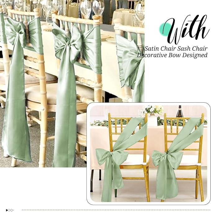 Pesonlook 120 PCS Sage Green Satin Chair Sashes Bows Satin Chair Sashes Universal Chair Cover for Wedding Reception Restaurant Event Decoration Banquet,Party,Hotel Event Decorations (7 x 108 inch)