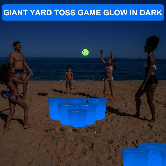 Aivalas Yard Pong Outdoor Games Glow Set in Dark, Giant Yard Pong Game for Adults and Family with 12 Buckets, 4 Balls and a Carrying Bag, Giant Pong for Beach, Camping, Lawn and Backyard