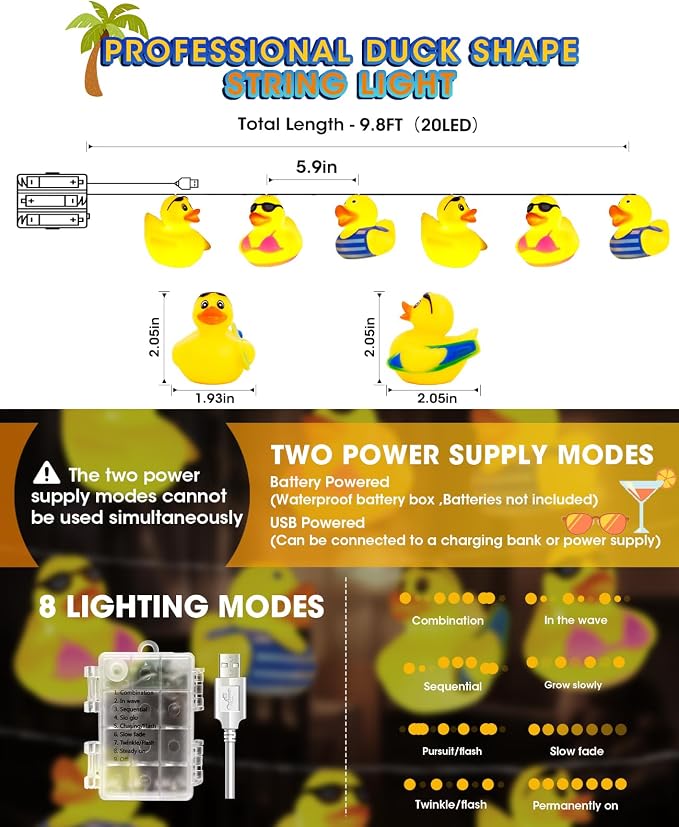AceList 20 LED Summer Rubber Duck String Lights, Beach Squeezable and Sound-Enabled, Jeep Ducks for Kids' Bedroom, Christmas, Birthday, Beach Themed Party, Poolside and Tropical Decor