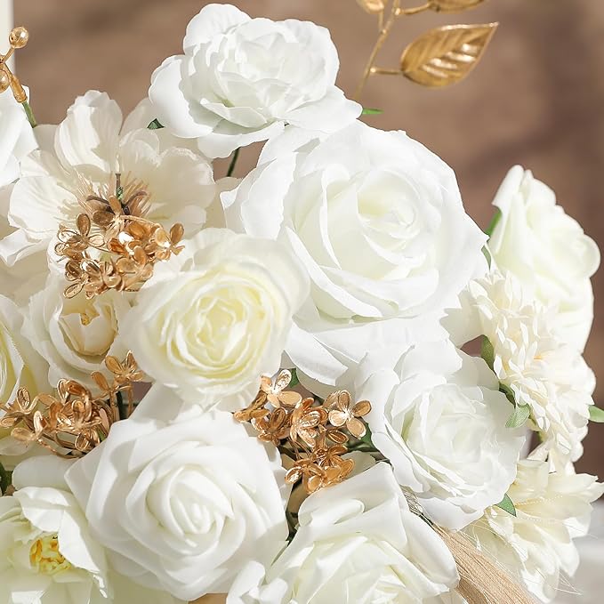 Garisey Artificial Flowers Combo, Mix Silk Flowers Roses, Peonies, Dahlias with Stems for DIY Wedding Bridal Bouquets, Baby Shower, Table Centerpieces, Home Decor, Fake Floral Arrangements-White