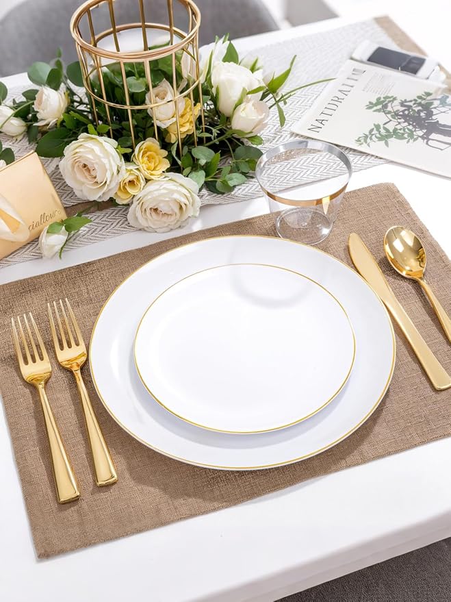 WDF 300Pcs White and Gold Plastic Plates - Gold Plates Disposable - Disposable Dinnerware Include 50 Dinner Plate 50 Dessert Plate 150 Cutlery 50 9oz Cups for Wedding/Birthday/Party/Thanksgiving