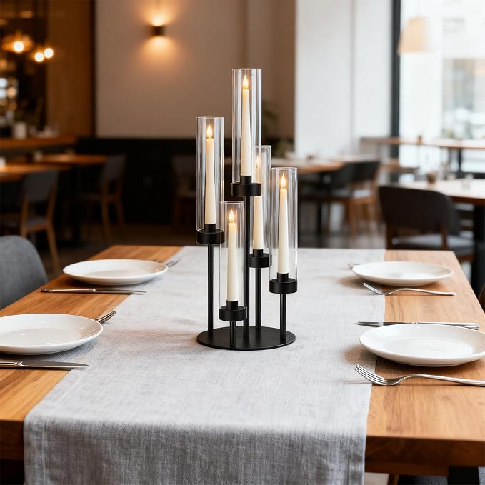2Pcs 5-Arm Black Metal Table Candelabra Centerpiece, 22" Tall Acrylic Clear Candlesticks Holder with Shade for Valentines Day Events Party Table Centerpiece,Fit LED Candles