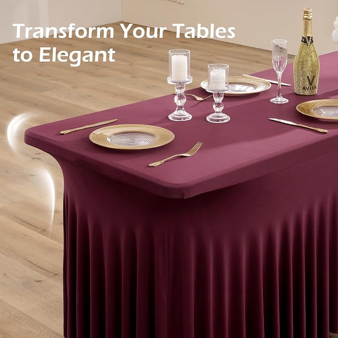 6 pk Burgundy Spandex Tablecloth 6ft with Ruffled Tables,Wrinkle Free High-Stretch Fitted Table Cloths for 6 Foot Rectangle Tables,Elastic Maroon Spandex Table Covers 6 ft for Weddings Banquet Dinning