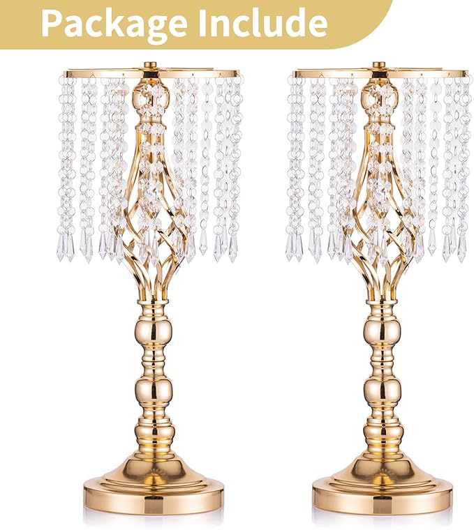 2 Pcs 19.3 inches Gold Centerpieces Table Tall Crystal Flowers Stand Wedding Road Lead Flower Holders Crystal Chandelier Metal for Reception Tables Supplies