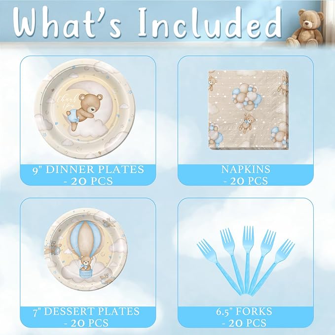 Teddy Bear Baby Shower Plates and Napkins Set for Boy – We Can Bearly Wait Baby Shower Decorations – Serves 20, Paper Plates, Napkins – Bear Party Supplies Decorations Tableware for Birthday