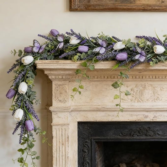 6 FT Spring Purple Tulips Butterfly Garland with Eucalyptus Leaves Artificial Summer Floral Garland Wreath Decor for Fireplace Mantel Arch Indoor Outdoor Home Party Door Wall Window Table Centerpieces