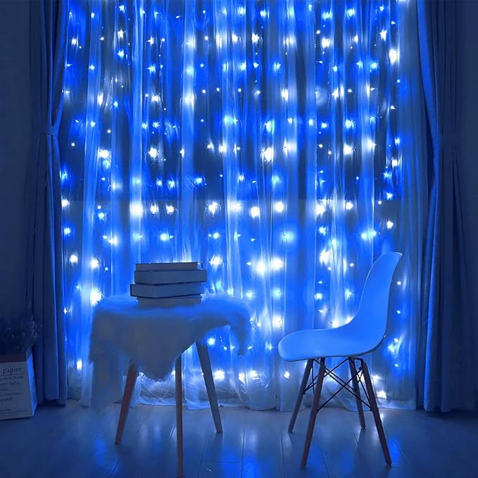 HEYFUNi Fairy Curtain Lights Plug in, 304 LED 9.8FT x 9.8FT, Blue & White | 8 Modes Backdrop Window Lights for Bedroom, Hanging String Lights for Christmas, Party, Patio, Lawn, Garden, Wedding Decor