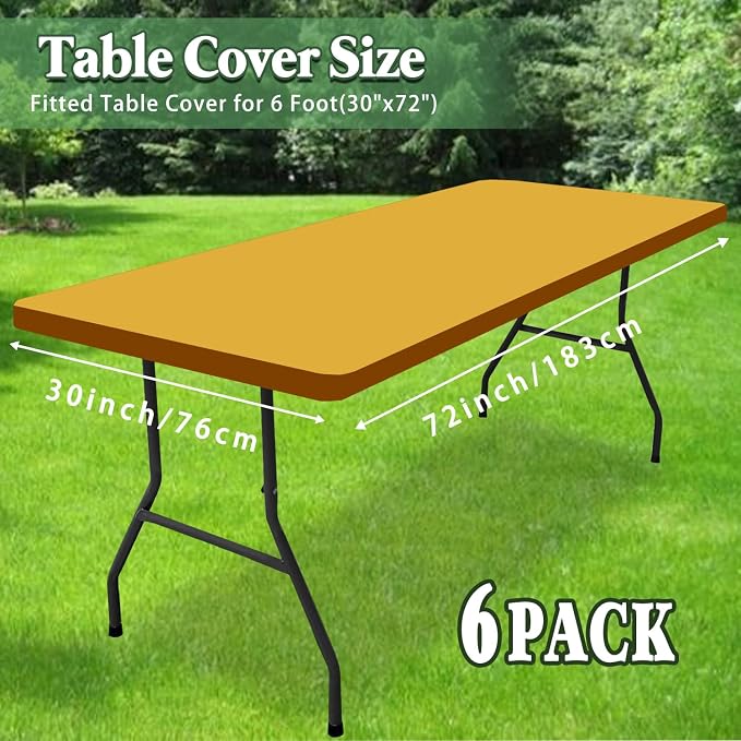 6 Pack 6 Foot Picnic Table Cover Fitted Outdoor Tablecloth for Rectangle Table Elastic Waterproof Stretch Washable Patio Folding Spandex Tablecloth for Camping Banquet and Parties (Mustard,30" x 72")