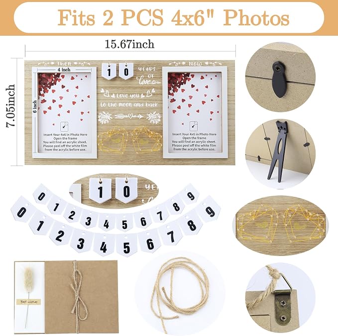 Then & Now Anniversary Picture Frame – Anniversary Wedding Gift for Couple & Parents, 1–99 Years Double 4x6 Picture Frame with Number Cards & Greeting Card (Natural Wood Color)