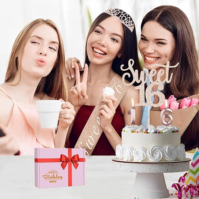 Sweet 16 Birthday Party Decorations for Girls, Sweet 16 Sash and Tiara, Cake Topper and Candles, Number Balloons, 16th Birthday Gifts for Girls