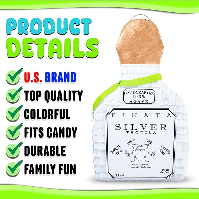 Jergrim White Tequila Bottle Piñata 4-piece set, 16x11x3 inches, Perfect for Party Decorations, Photo Prop, Cinco de Mayp, Birthday, Funny Anniversary, 21 birthday - Fits candy/favors