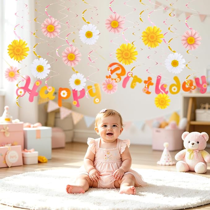 SUNBEAUTY Daisy Groovy Party Decoration Boho Happy Birthday Banner Daisy Paper Hanging Swirls Flower Birthday for Women Birthday Classroom Office Boho Hippie Retro Birthday Baby Shower Party Supplies