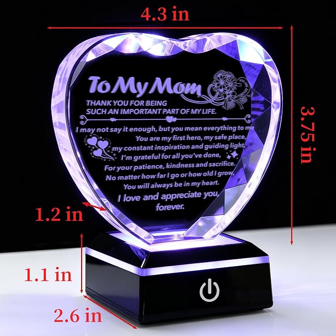 Crystal Heart Keepsake Gift for Mom from Daughter Son | Colorful LED Base, Mothers Day Gift, Birthday Gift, Unique Design