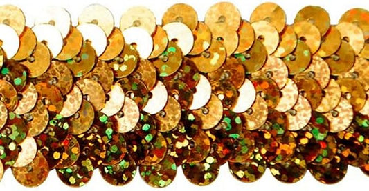 Trims by the Yard 3-Row Starlight Hologram Sequin Stretch Trim, 1 1/4-Inch Versatile Sequins for Crafts, Durable Sequin Trim for Costumes, Fashion, and Home Decor, 20 Yards Cut, Gold
