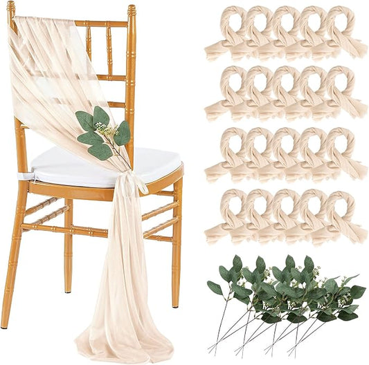 QueenDream Champagne Chair Sashes Wedding Aisle Decorations: 16 Packs 8ft Long Draping Fabric Sheer Church Chair Cover Bulk for Party Banquet