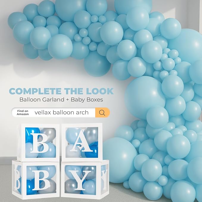44-Piece Baby Shower Decorations for Boy or Girl - 4 Boxes with Letters and 32 Balloons - Classic White and Blue - Gender Reveal Party Supplies - Photo Shoot Backdrop Prop