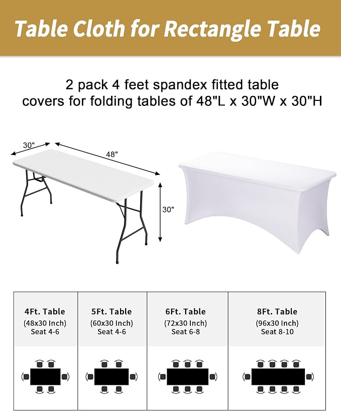 Fixwal White Stretch Table Cloth Rectangle 2 Pack 4Ft, Spandex Fitted Table Covers Washable for Party, Trade Show, Banquet, Wedding, Buffet