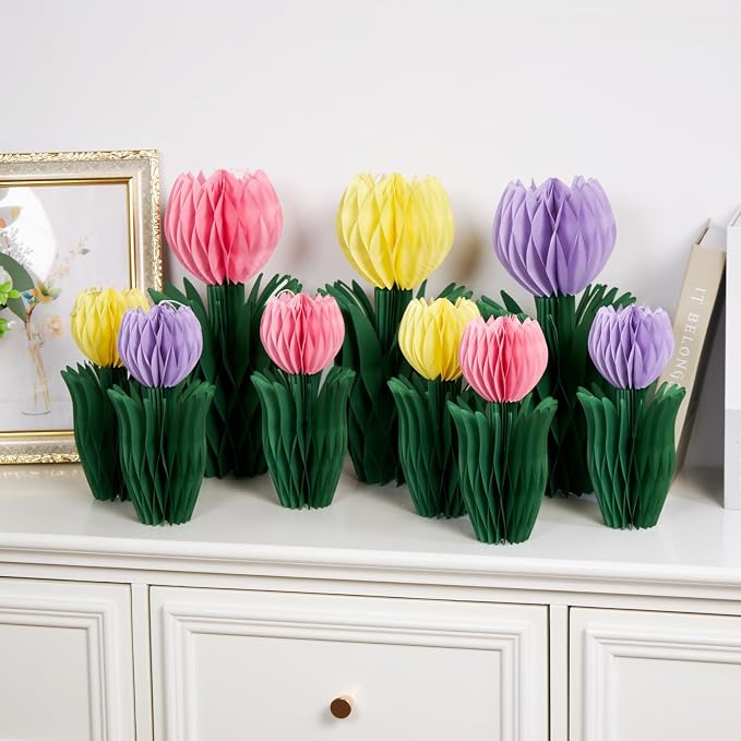 SUNBEAUTY Flower Honeycomb Decor Tulips Table Centerpieces Spring Decoration for Home Office Paper Flower Tulip Honeycomb Decor for Garden Party Mothers Day Decoration Easter Party Birthday Tea Party