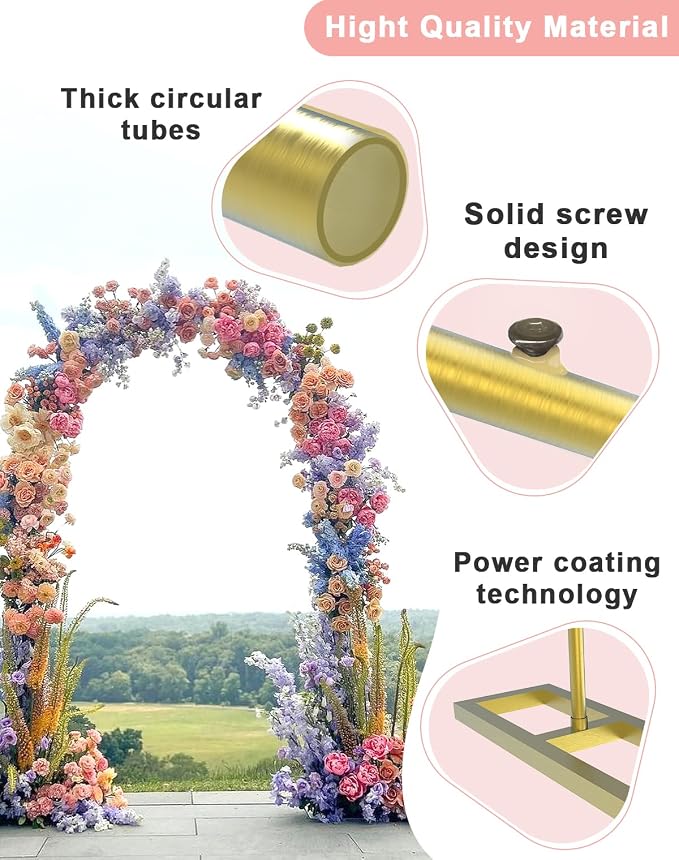 Queension 7.2FT & 6.6FT Arch Backdrop Stand, Metal Wedding Arch Stand for Ceremony, Backdrop Stand Arch Frame with Base for Birthday Party Baby Shower Balloon Arch Decorations, Gold
