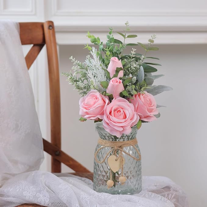 Faux Flowers with Vase,Artificial Silk Roses in Vase, Fake Plant Eucalyptus Flower Arrangement for Home Office Farmhouse Bathroom Dining Table Centerpiece Decorations Coffee Table Decor (Pink)