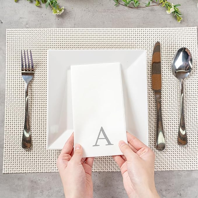 Luxenap 15.8 X 7.9 Inch Linen-Feel Guest Towels, 50 Lettered Hand Towels - Silver Letter 'A', Sans Serif Font, White Paper Dinner Napkins, airlaid, For Restrooms And Tables - Restaurantware