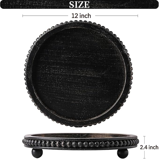 Wooden Decorative Tray, Black Round Coffee Table Tray Decor Beaded Distressed Rustic Farmhouse Centerpiece for Living Room Entryway Kitchen Counter Dining Room