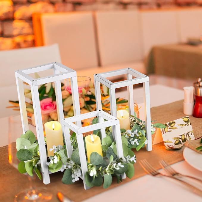 Geelin 12 Set Wooden Wedding Lantern Centerpiece Decor Baptism Lantern Candle Holder for Table Centerpiece Wedding Party Baby Shower Home Country Porch Patio Decor(7.87'', 10.59'', 12.99'',White)