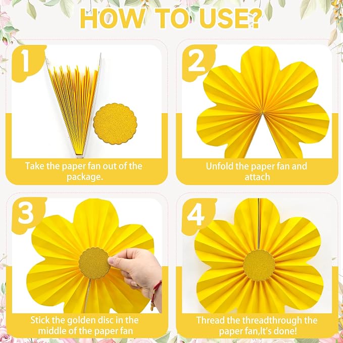 Yellow Party Decorations, 12PCS Paper Fans Flower Wall Backdrop for Sunflower Theme Birthday, Summer Lemon Party, Weddings, Baby Showers, Nursery Classroom Ceiling Supplies