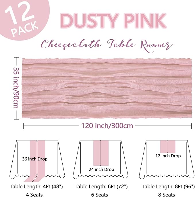 12 Pack Dusty Pink Table Runner Cheesecloth 10Ft Spring Gauze Cheese Cloth Table Runner 35x120 Inch Boho Sheer Rustic Fabric for Holiday Party Decor Baby Shower Wedding Decorations