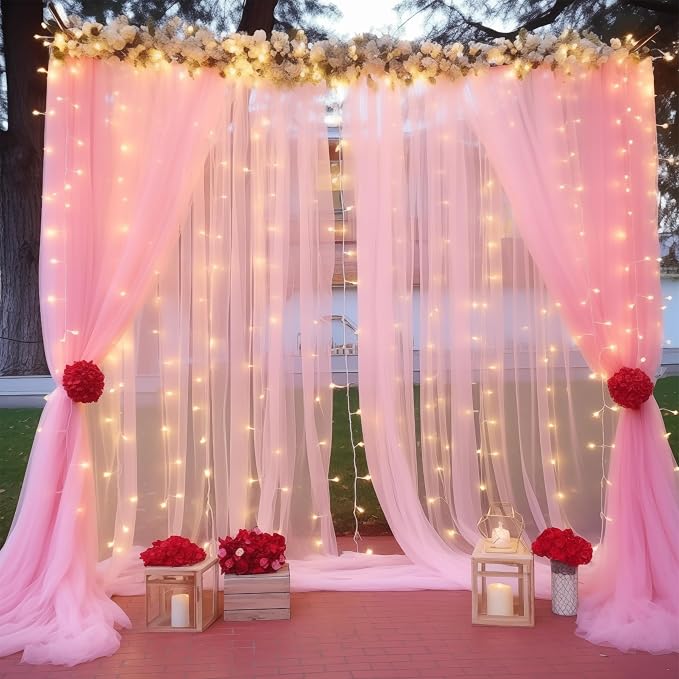30ft x 8ft Pink Backdrop Curtain with Lights String for Parties, Sheer Tulle Wedding Photo Backdrops Drapes for Baby Shower Birthday Party Decorations Background for Photography