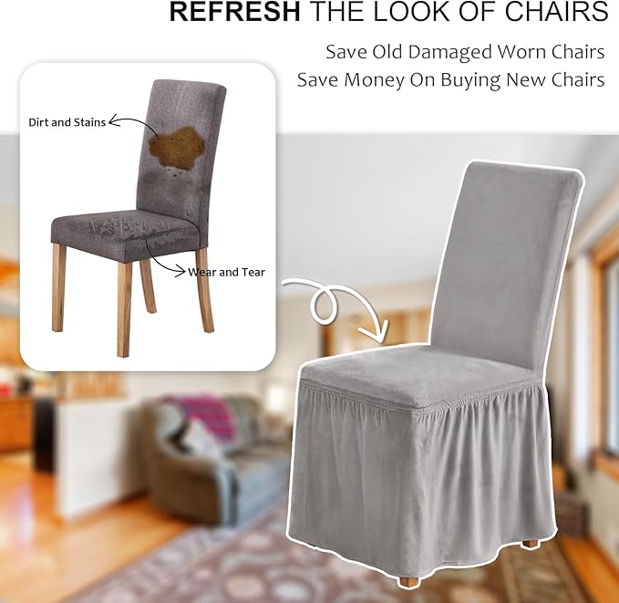 NICEEC Spandex Chair Covers for Dining Chairs Covers Set of 6 Removable Dining Room Chair Covers with Skirt Parson Chair Slipcovers Washable Chair Protector for Kitchen Wedding Party(Light Grey)