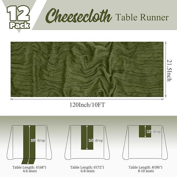 12 Pack Olive Green Table Runner 10Ft Cheesecloth Table Runner Rustic Gauze Table Runners Romantic Long Sheer Fabric Cheese Cloth Table Runners for Wedding Party Bridal Baby Shower