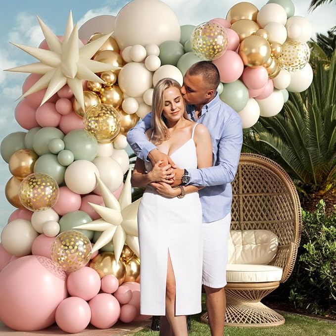Sage Green Pink Balloon Arch Garland Kit, Sage Green Pink Sand White Beige Balloons with Gold Confetti Balloon Star Balloons for Jungle Safari Bridal Baby Shower Birthday Party Decoration