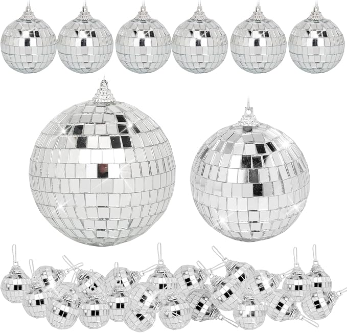 Mini Mirror Disco Ball Decor: 32 Pack Hanging Mirror Ball Ornaments Different Sizes - Small Disco Balls Decorations Bulk for Party Christmas Tree Cake Room Birthday (Silver)
