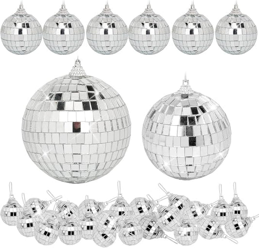 Mini Mirror Disco Ball Decor: 32 Pack Hanging Mirror Ball Ornaments Different Sizes - Small Disco Balls Decorations Bulk for Party Christmas Tree Cake Room Birthday (Silver)
