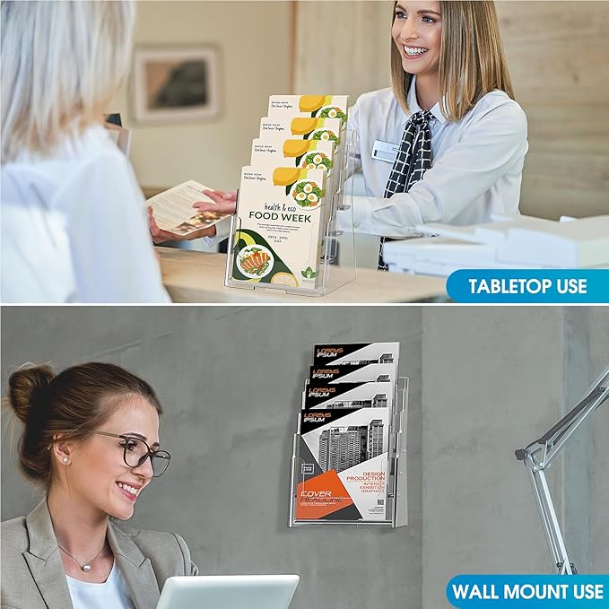 KTRIO 4 Tier Acrylic Brochure Holder 6 x 9, Clear Pamphlet Display Stand Plastic Flyer Organizer for Literature, Catalogs, Desk & Wall Mount, 2 Pack