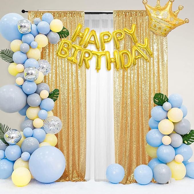 PartyDelight Gold Sequin Backdrop Curtains 2x8ft 4 Panels | 3mm stitched sequin curtain with 4 inch rod pocket for 2x8ft 4 panel fuller wall coverage pleated backdrop and 8ft stand