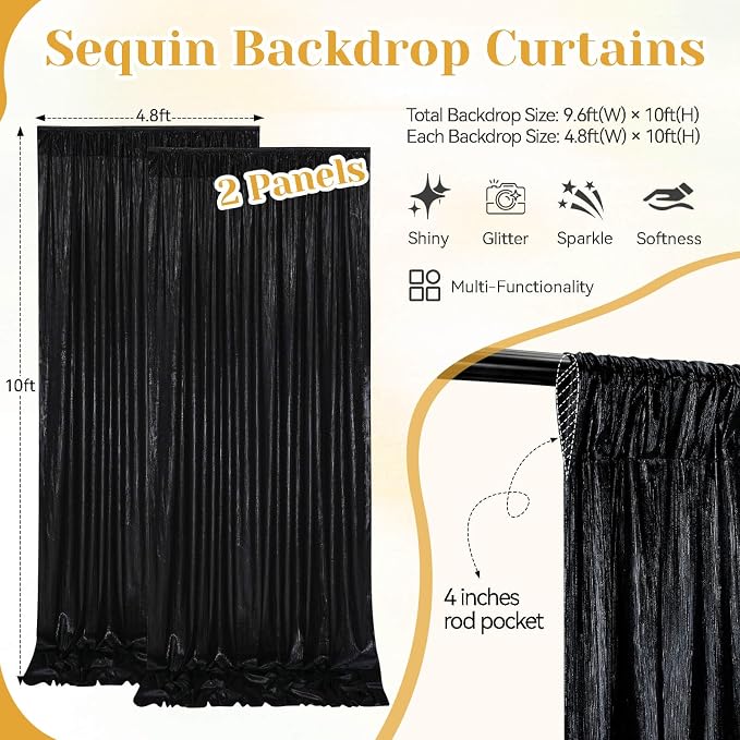 Black Sequin Backdrop Curtain 2 Panels 4.8FTx10FT Glitter Background Drapes Sparkle Photography Backdrop for Party Wedding Stage Birthday Wall Decorations