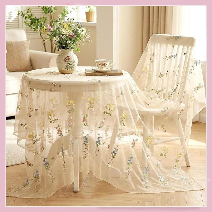 Lounsweer 3 Pcs Apricot Wildflower Table Runner 10ft Embroidery Tulle Spring Floral Table Runner Seasonal Summer Butterfly Kitchen Dining Gauze Decoration for Wedding Baby Shower Birthday Party