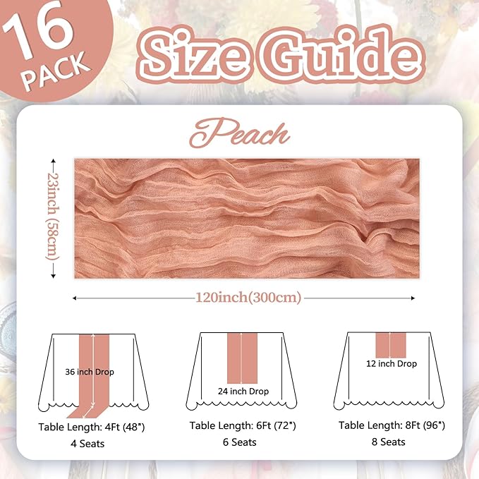 16 Pack Peach Cheesecloth Table Runner 10ft Boho Gauze Fabric 120 Inch Cheese Cloth Table Runner Rustic Sheer for Holiday Baby Shower Party Décor Home Wedding Decoration