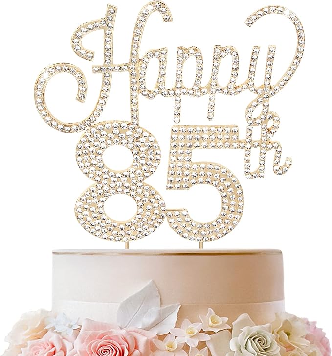 LINGTEER Happy 85th Birthday Gold Rhinestone Cake Topper - Cheers to 85th Birthday 85 Years Old Anniversary Party Cake Centerpieces Topper Decorations Gift Sign.