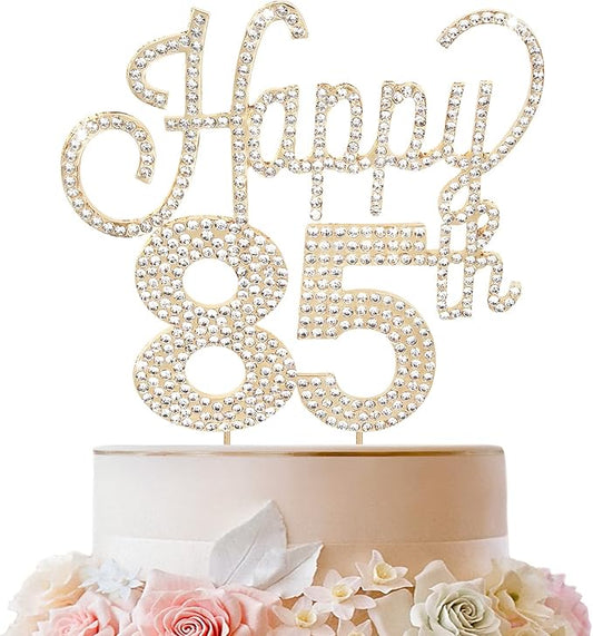 LINGTEER Happy 85th Birthday Gold Rhinestone Cake Topper - Cheers to 85th Birthday 85 Years Old Anniversary Party Cake Centerpieces Topper Decorations Gift Sign.