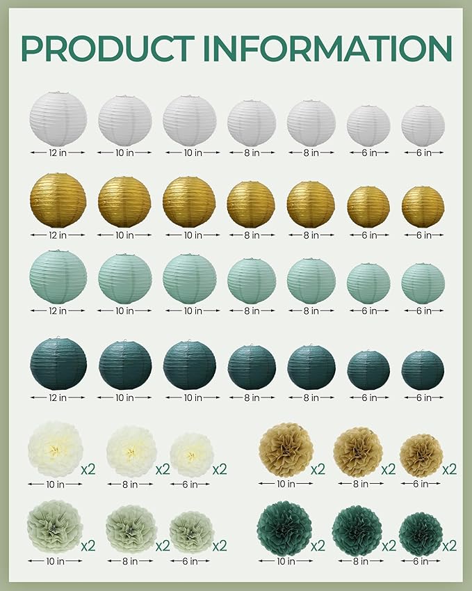 Glooglitter 52 Pcs Sage Gree Party Decorations Sage Gold Cream Tissue Paper Pom Poms Paper Lanterns for Boho Wild Baby Shower Birthday Wedding Engagement Classroom Party Decorations