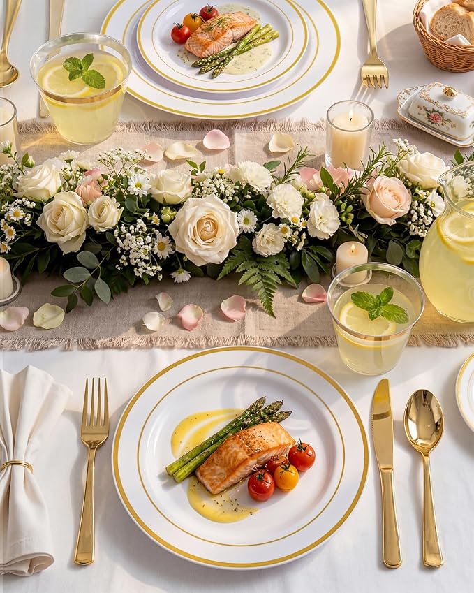 bUCLA 300PCS Gold Disposable Dinnerware Set - White and Gold Plastic Plates - Include 50 Each (Dinner&Dessert) Plates,50 Knives,50 Forks,50 Spoons,50 Cups for Party